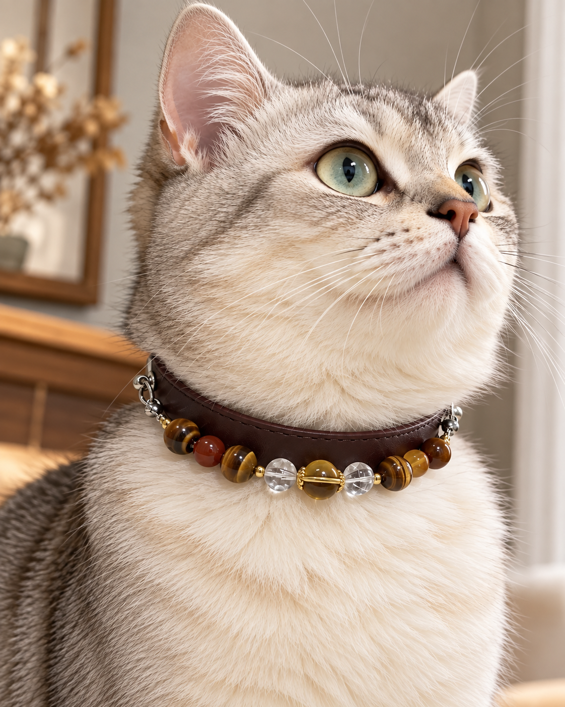 Citrine Crystal Pet Collar – Tiger's Eye, White Quartz & Agate