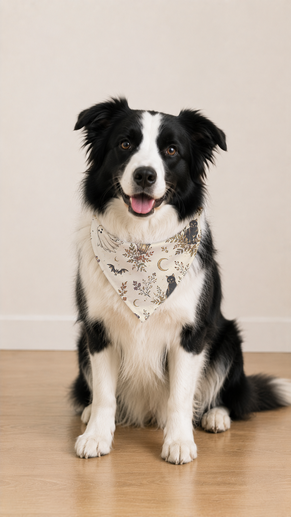 A black and white Border Collie sits on a light wood floor wearing a cream bandana with a celestial print of moons, stars, and a spider.