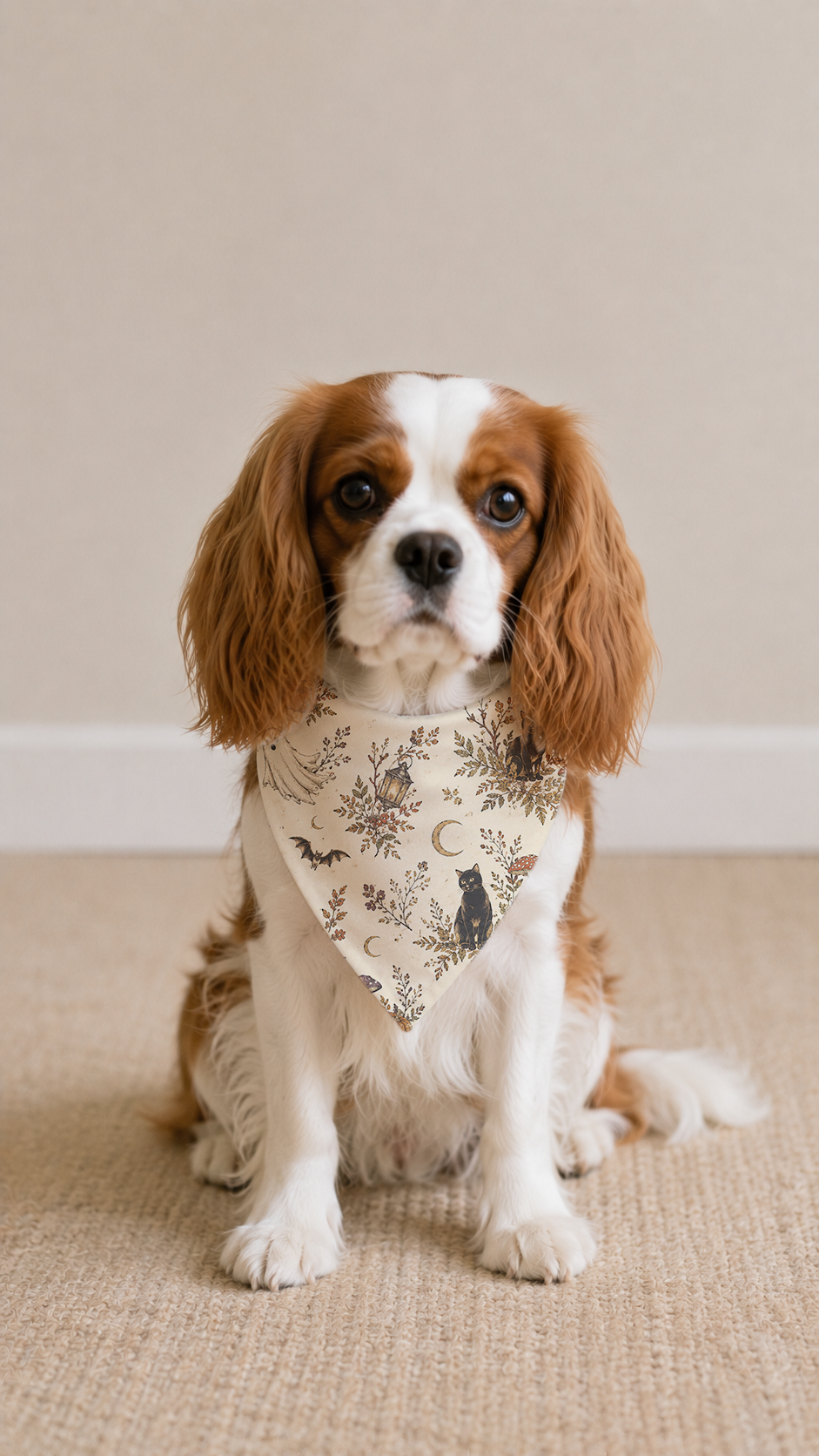 A small brown and white dog sits on a beige carpet wearing a cream bandana with a dark botanical and moon pattern.