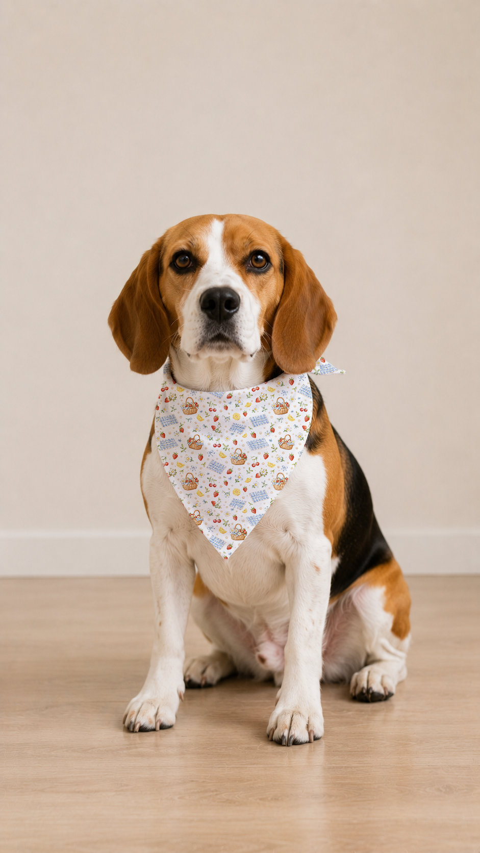 Beagle wearing a picnic dog bandana with a cute seasonal pet scarf design.