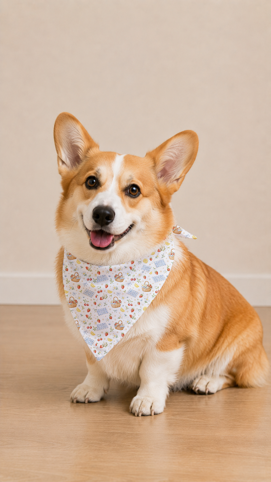 Corgi wearing a picnic dog bandana with a cheerful summer pattern.