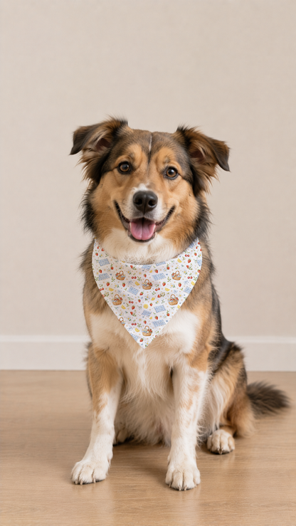 Mixed dog wearing a picnic dog bandana with baskets, fruit, daisies, and paw prints.