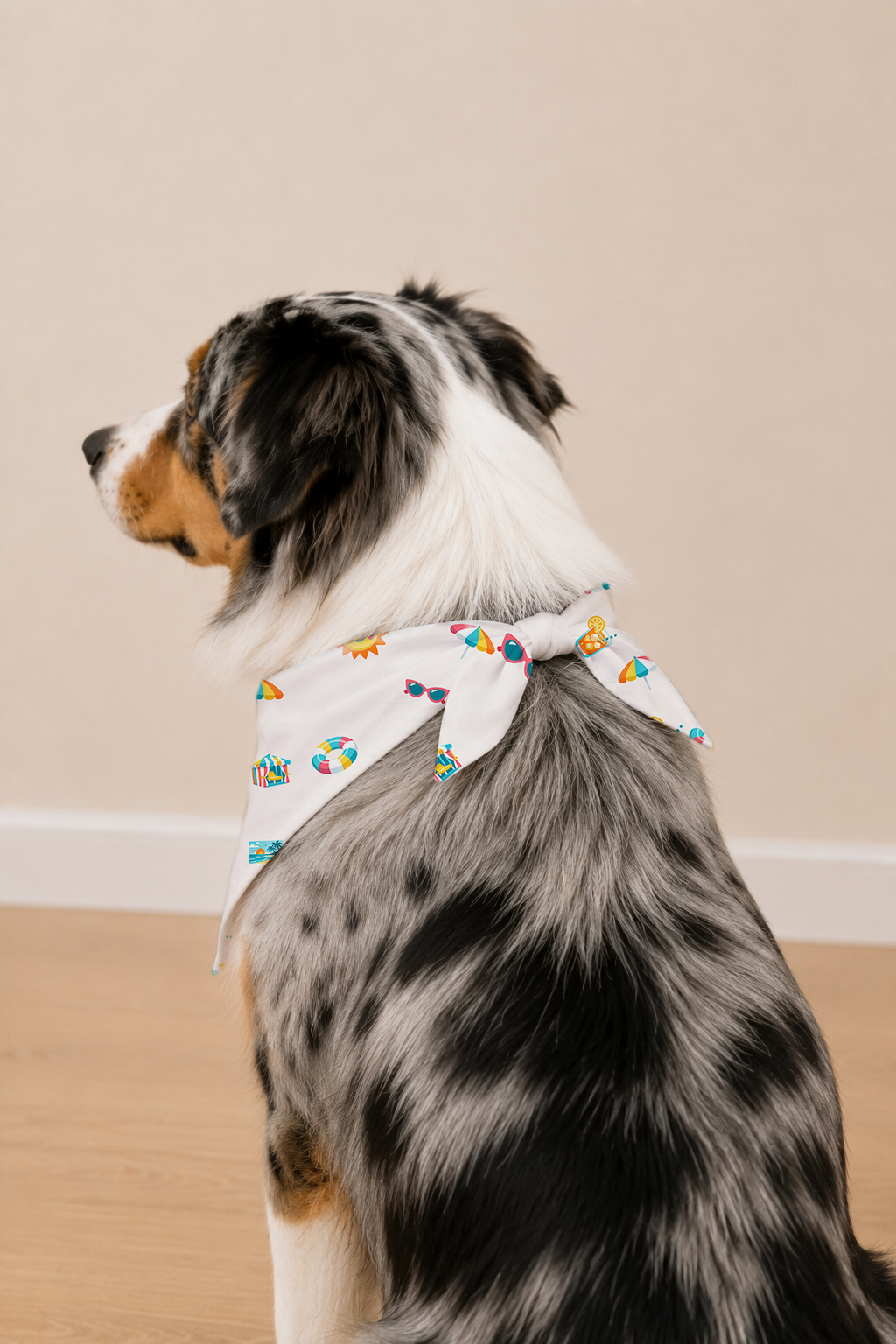 A dog wearing a white bandana with a colorful beach-themed print, photographed indoors against a plain beige wall and light wood floor.