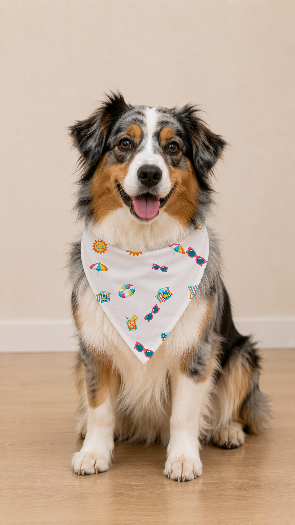 A tricolor Australian Shepherd dog sits on a light wood floor wearing a white triangular bandana with a colorful beach-themed pattern.