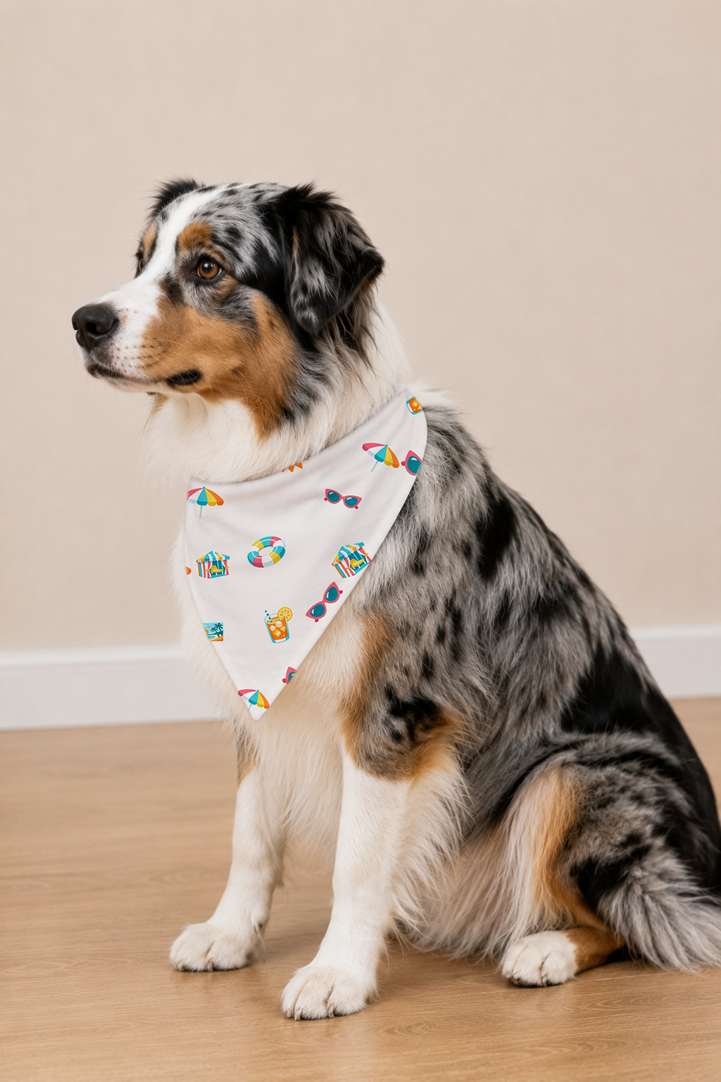 A tricolor Australian Shepherd dog wearing a beige bandana with a delicate floral pattern, sitting on a light wood floor against a neutral beige wall.
