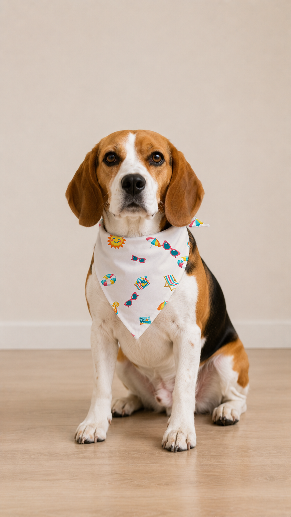 A beagle dog sitting on a light wood floor wearing a white bandana with a colorful beach-themed print, set against a plain beige wall.