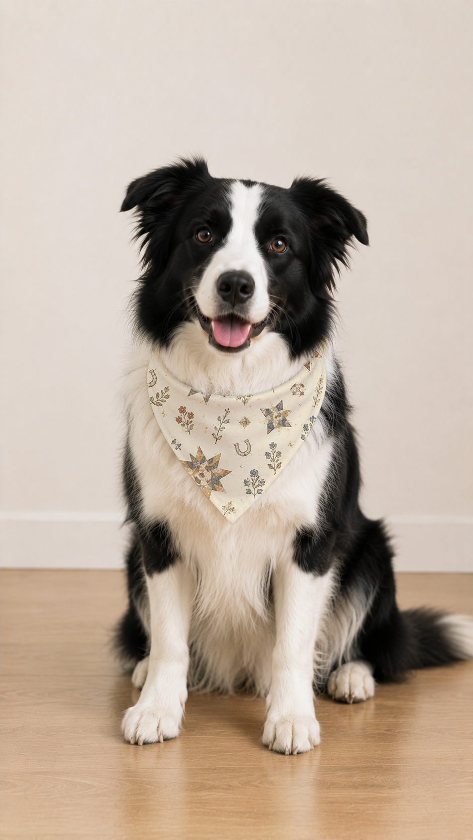 A black and white Border Collie dog sitting on a light wood floor against a beige wall, wearing a white bandana with a pumpkin and autumn leaf pattern.