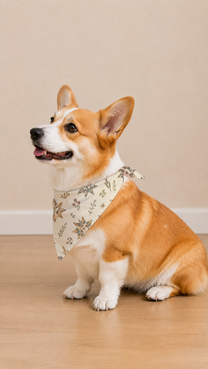 A corgi dog wearing a beige bandana with a delicate floral and leaf pattern, sitting on a light wood floor against a neutral beige wall.