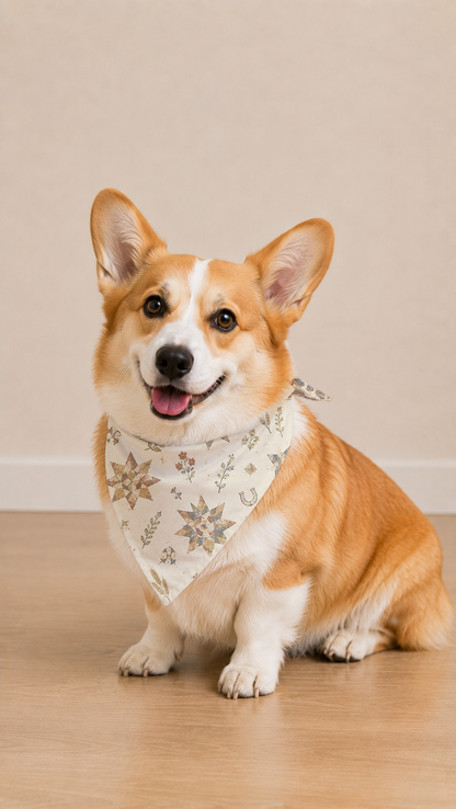 A corgi dog sitting on a light wood floor against a beige wall, wearing a cream bandana with a delicate floral and star pattern.