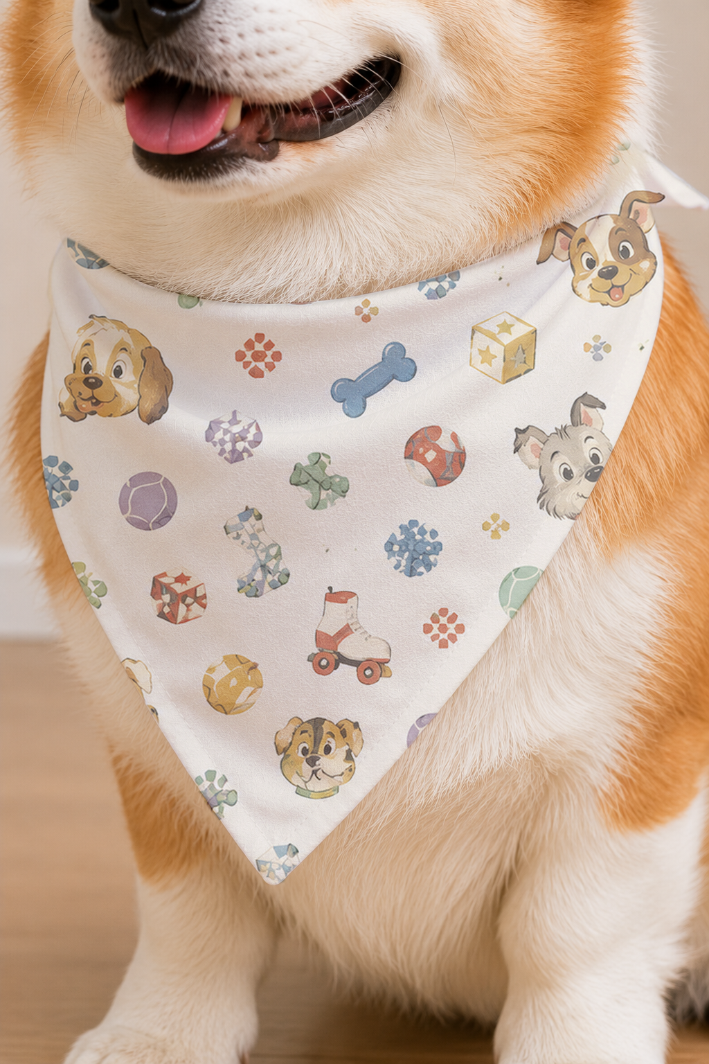 Close-up of the Retro Pet Toy Parade Dog Bandana, showing retro pet toy parade, tiny paw prints, and small playful accents in white or warm white background with balanced color accents.
