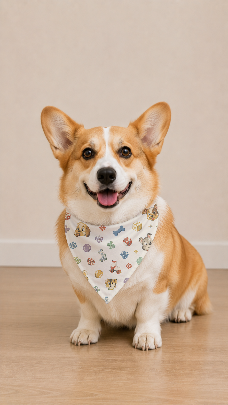 A corgi dog wearing a white bandana with a desert-themed print of cacti, stars, and horseshoes, sitting on a light wooden floor against a beige wall.