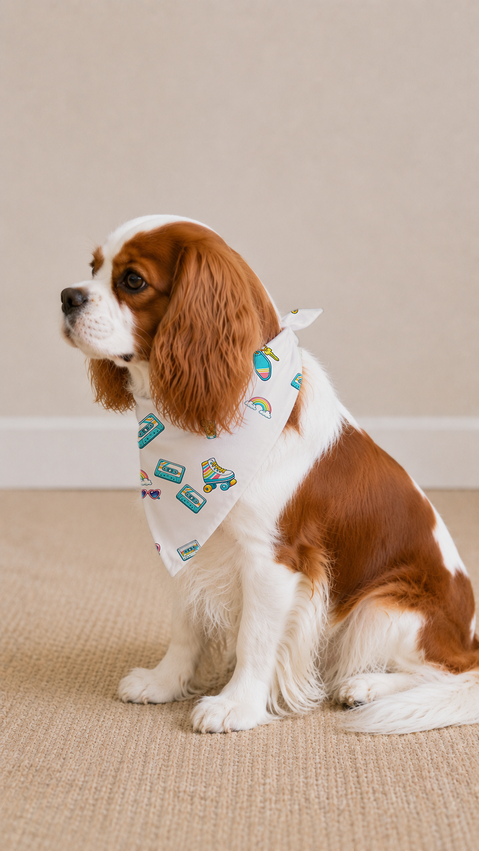 A brown and white Cavalier King Charles Spaniel dog wearing a white bandana with colorful cartoon illustrations, sitting on a beige carpet against a neutral beige wall.