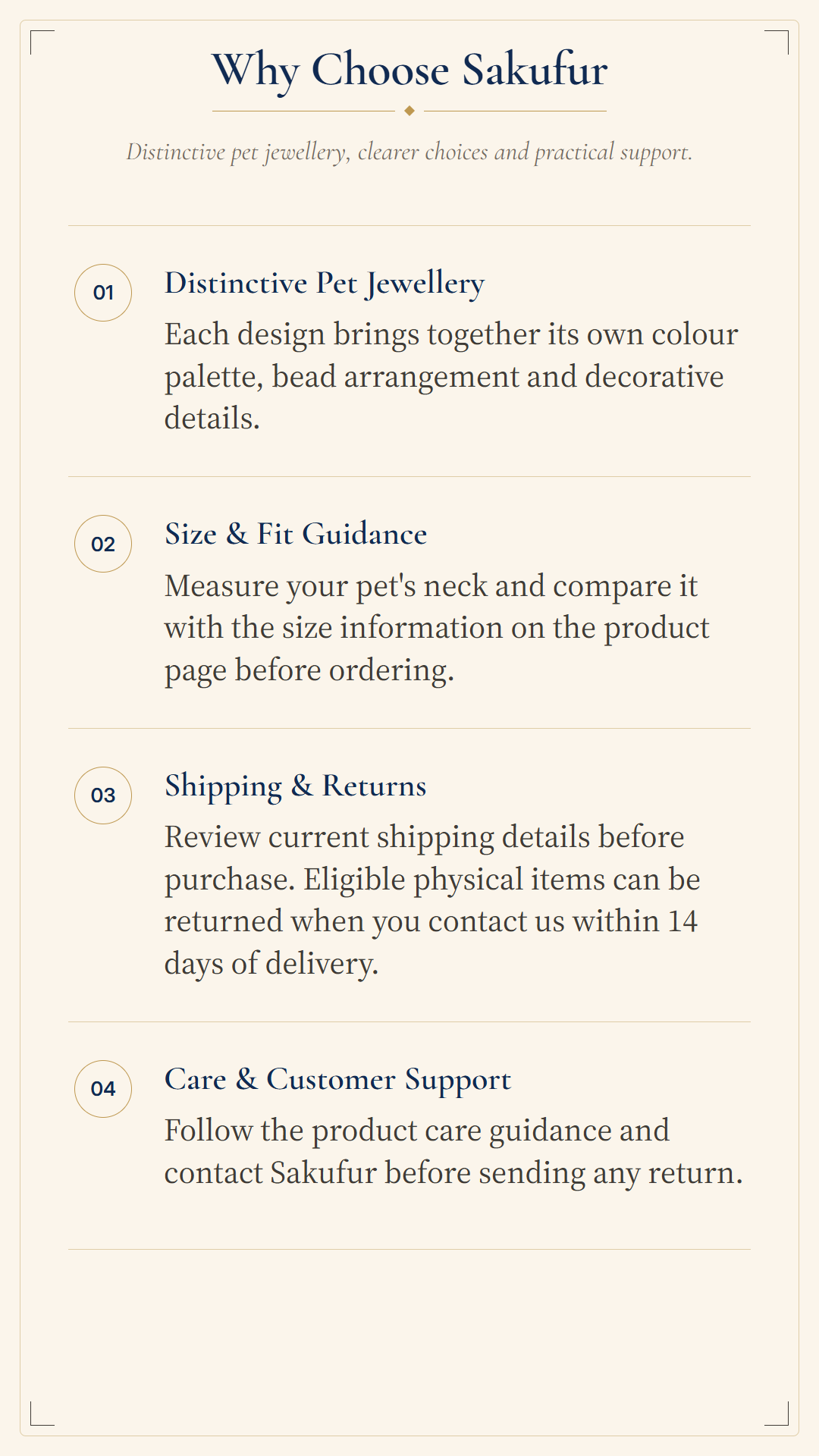An informational graphic with the heading 'Why Choose Sakufur' and four bullet points about distinctive pet jewellery, size and fit guidance, shipping and returns, and care and customer support, on a warm cream background.
