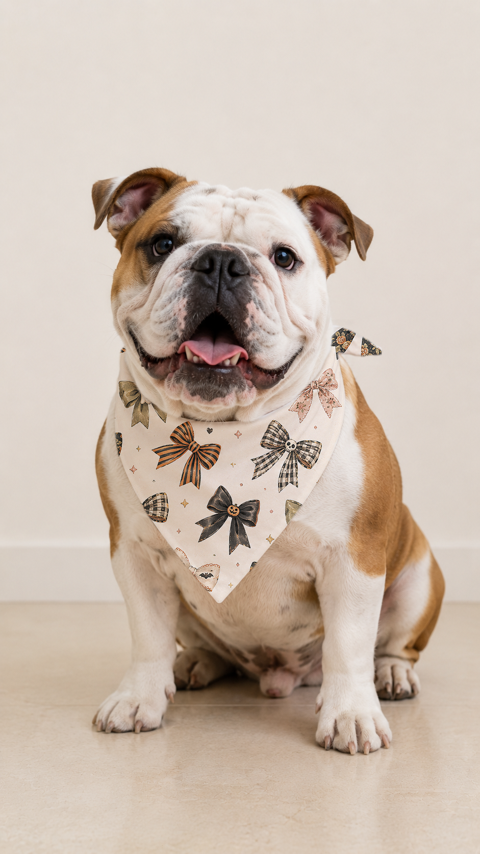 A brown and white English Bulldog wearing a cream-colored bandana with a black bow pattern, sitting against a plain beige background.