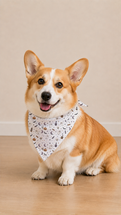 A corgi dog wearing a white bandana with a black and gray moon and star pattern, sitting on a light wooden floor against a beige wall.