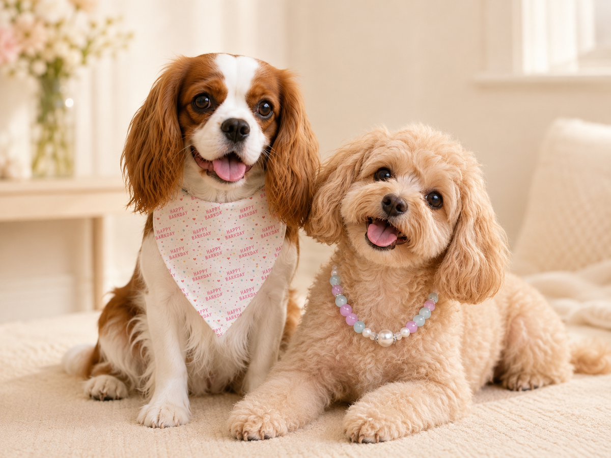 Two dogs sitting together on a beige sofa in a bright, cozy room. The dog on the left is brown and white with a pink patterned bandana, and the dog on the right is light tan with a pastel beaded collar.