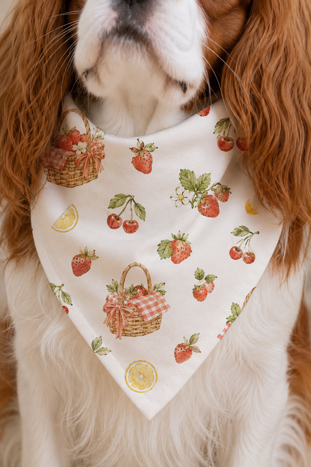 A close-up of a dog wearing a cream-colored bandana with a strawberry and basket print.