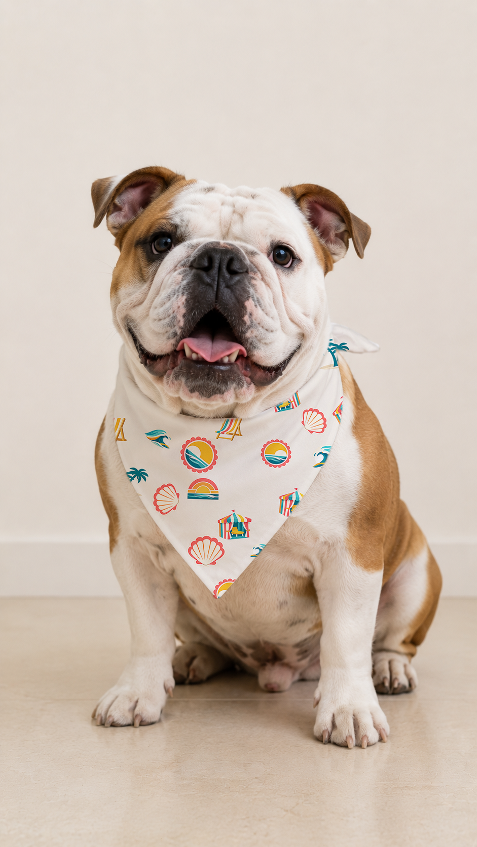 A brown and white English Bulldog sitting down, wearing a white bandana with a colorful beach-themed pattern of seashells, umbrellas, and palm trees, set against a plain beige background.