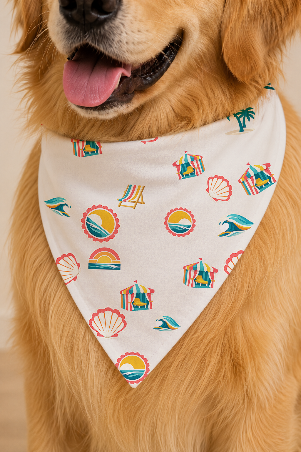 A golden retriever dog wearing a white triangular bandana with a colorful beach-themed print of palm trees, beach umbrellas, seashells, and sunsets.