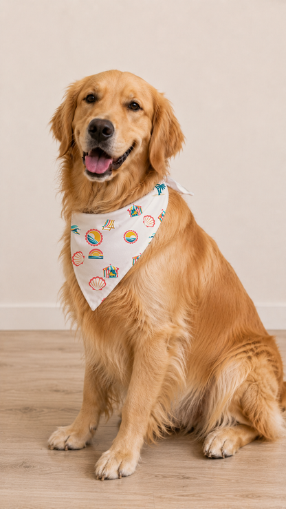 A golden retriever dog sitting on a light wood floor against a beige wall, wearing a white triangular bandana with colorful beach-themed illustrations.