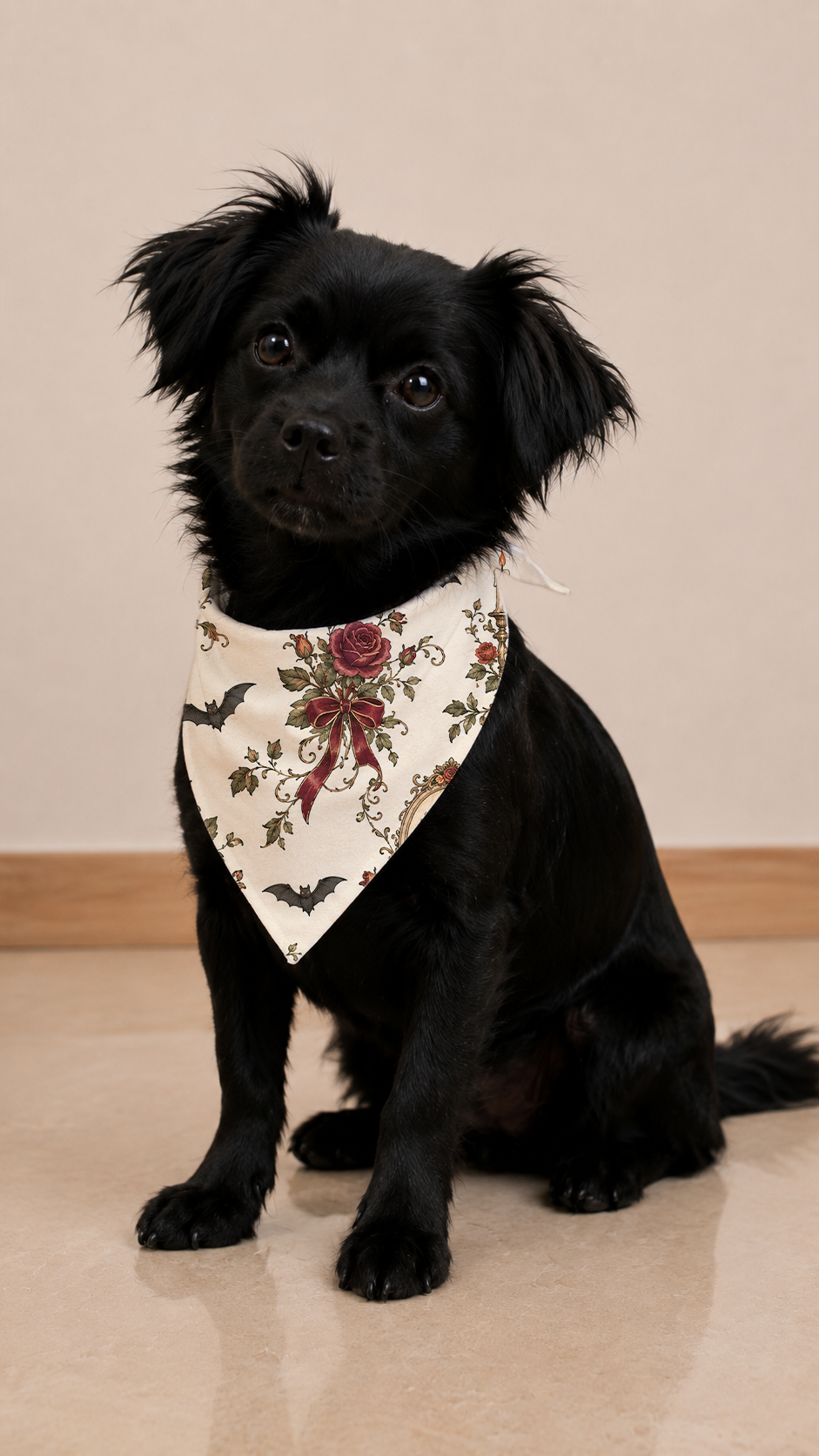A small black dog wearing a cream-colored bandana with a gothic rose and bat pattern, sitting on a beige tiled floor against a plain beige wall.