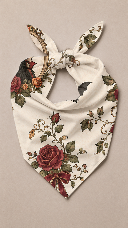 A cream-colored pet bandana featuring a vintage-style print of red roses, green leaves, and black birds, tied in a knot at the top against a neutral beige background.