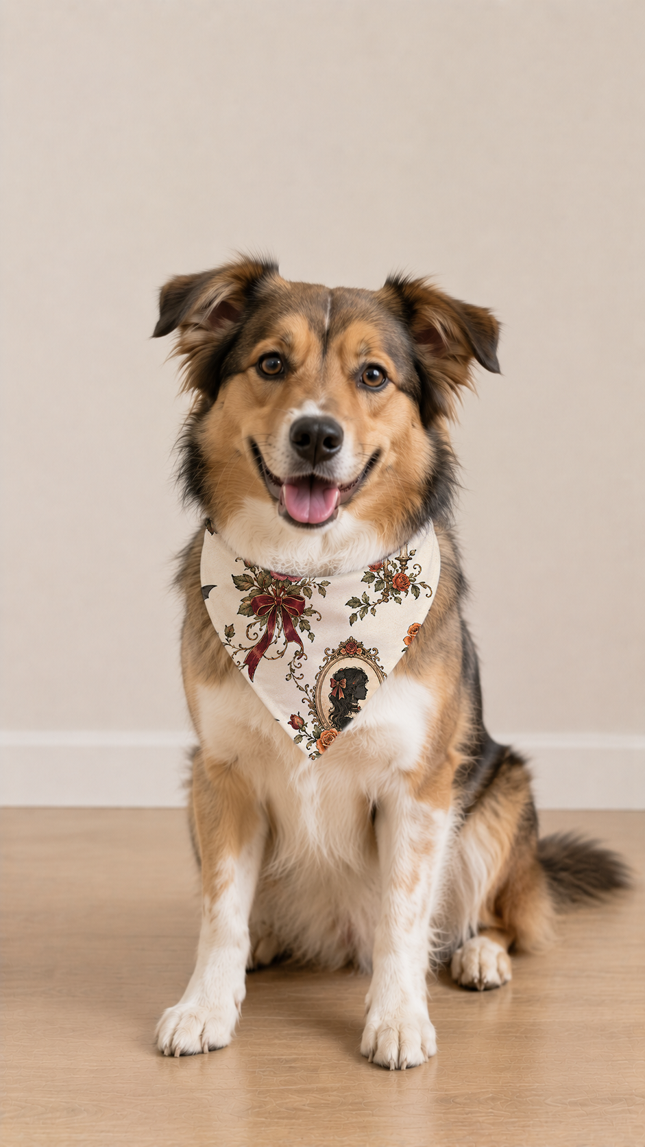 A fluffy brown and white dog sits on a light wood floor against a beige wall, wearing a cream bandana with a red bow and floral pattern.