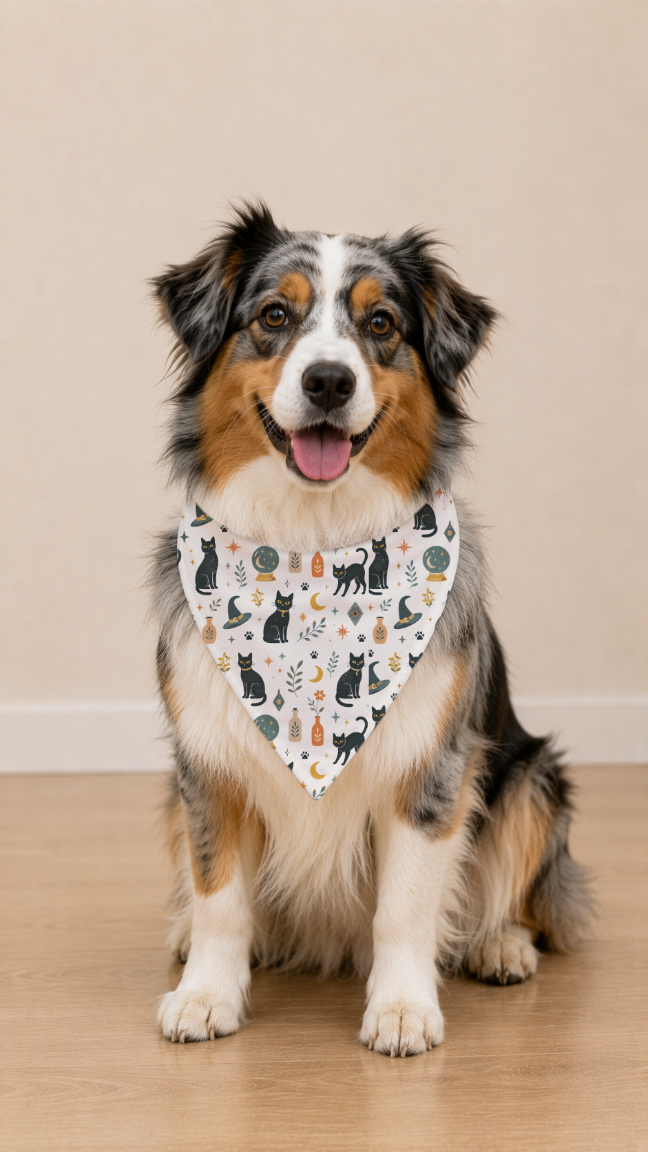 Australian shepherd wearing a Vintage Black Cat Magic Dog Bandana with vintage black cat magic, tiny paw prints, and small playful accents in white or warm white background with balanced color accents, back view.