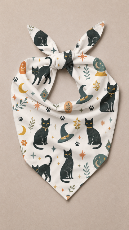 Vintage Black Cat Magic Dog Bandana laid flat, featuring vintage black cat magic, tiny paw prints, and small playful accents in white or warm white background with balanced color accents.