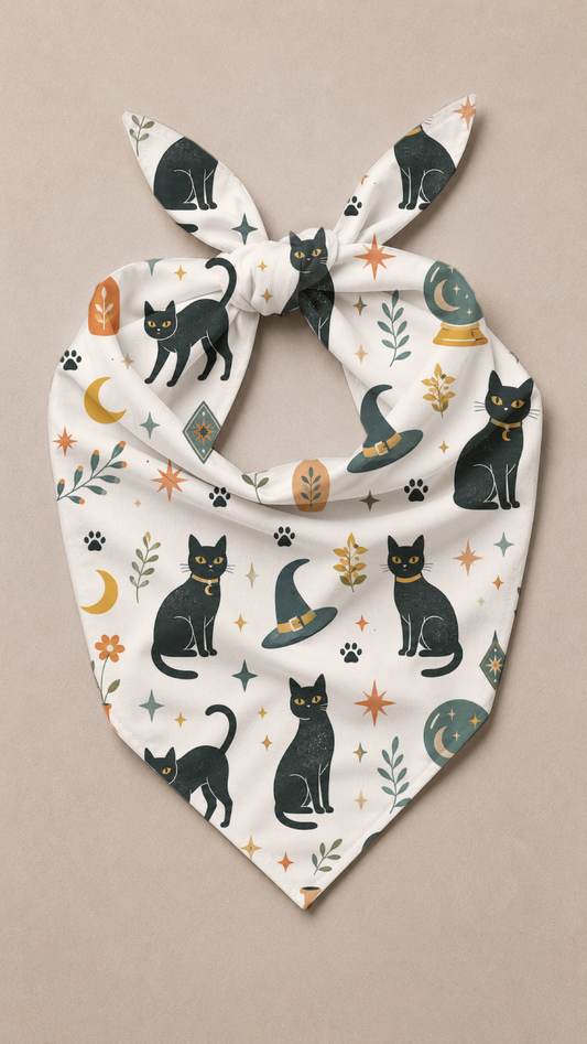 Vintage Black Cat Magic Dog Bandana laid flat, featuring vintage black cat magic, tiny paw prints, and small playful accents in white or warm white background with balanced color accents.