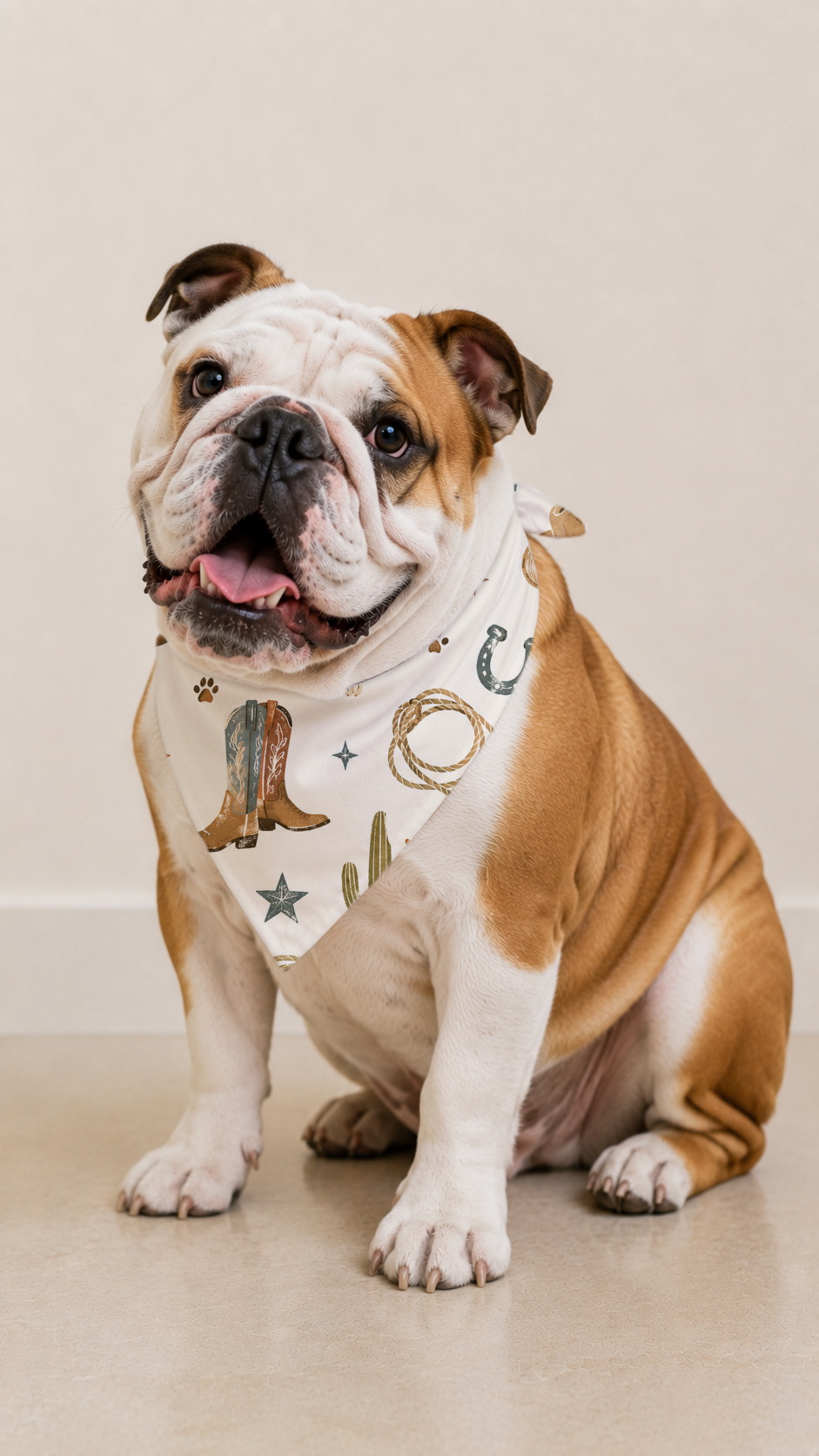 An English Bulldog wearing a western-themed bandana with cowboy boots, horseshoes, and stars, sitting on a light beige floor against a neutral beige background.