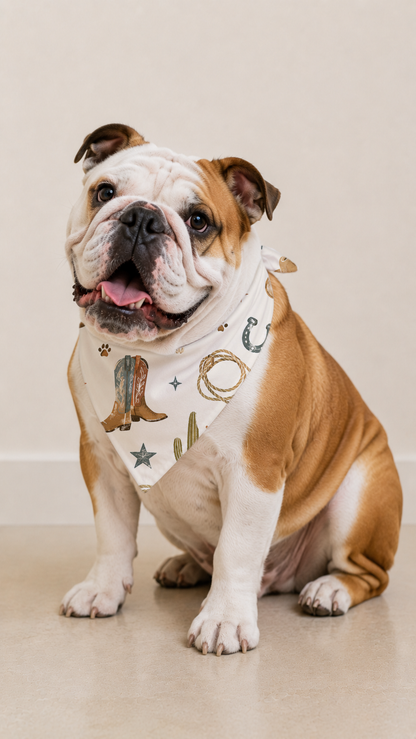An English Bulldog wearing a western-themed bandana with cowboy boots, horseshoes, and stars, sitting on a light beige floor against a neutral beige background.