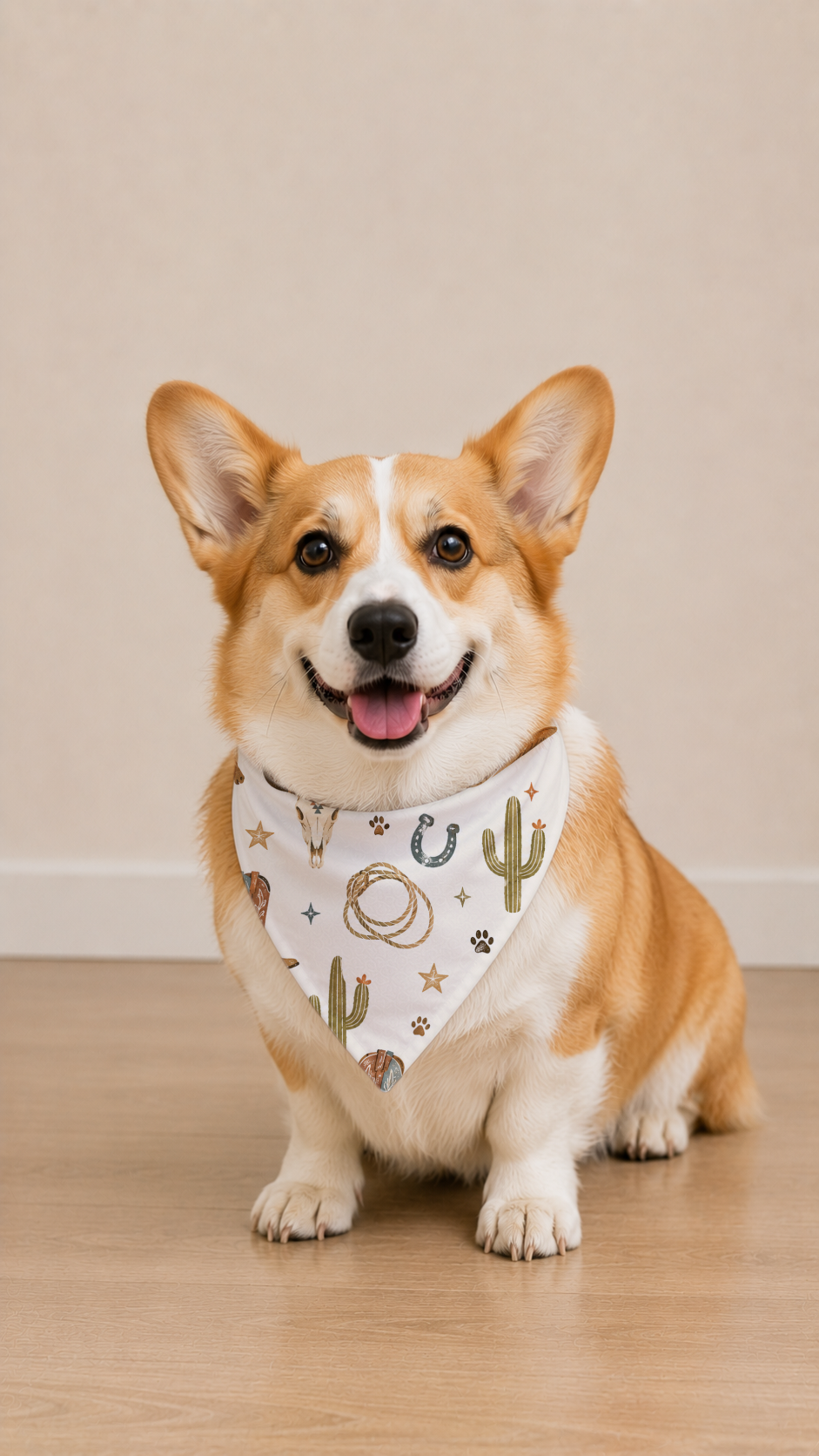 A corgi dog wearing a white bandana with a desert-themed print of cacti, stars, and horseshoes, sitting on a light wooden floor against a beige wall.