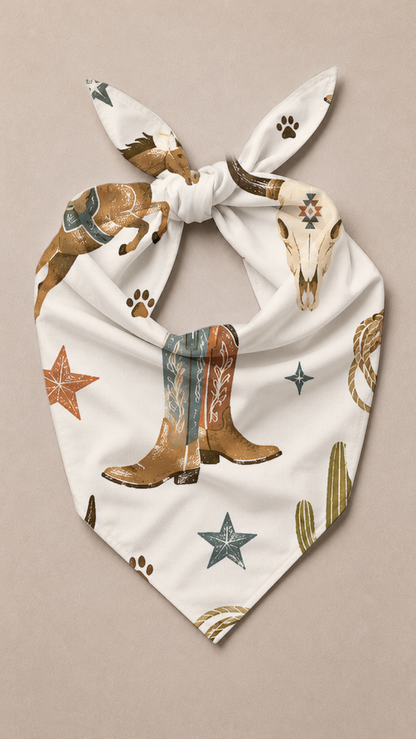 A white tie-on bandana featuring a western-themed print with brown cowboy boots, a horse skull, stars, paw prints, and cacti, displayed flat against a neutral beige background.