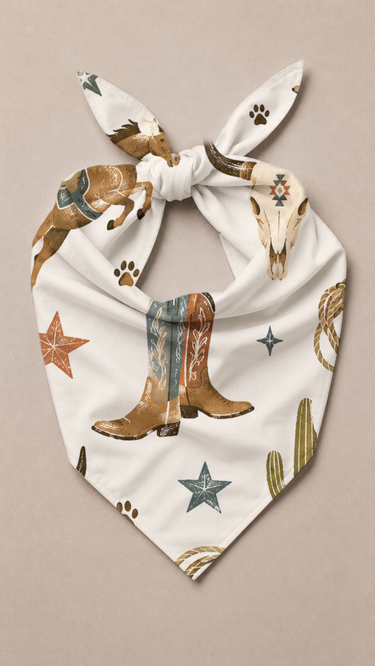 A white tie-on bandana featuring a western-themed print with brown cowboy boots, a horse skull, stars, paw prints, and cacti, displayed flat against a neutral beige background.
