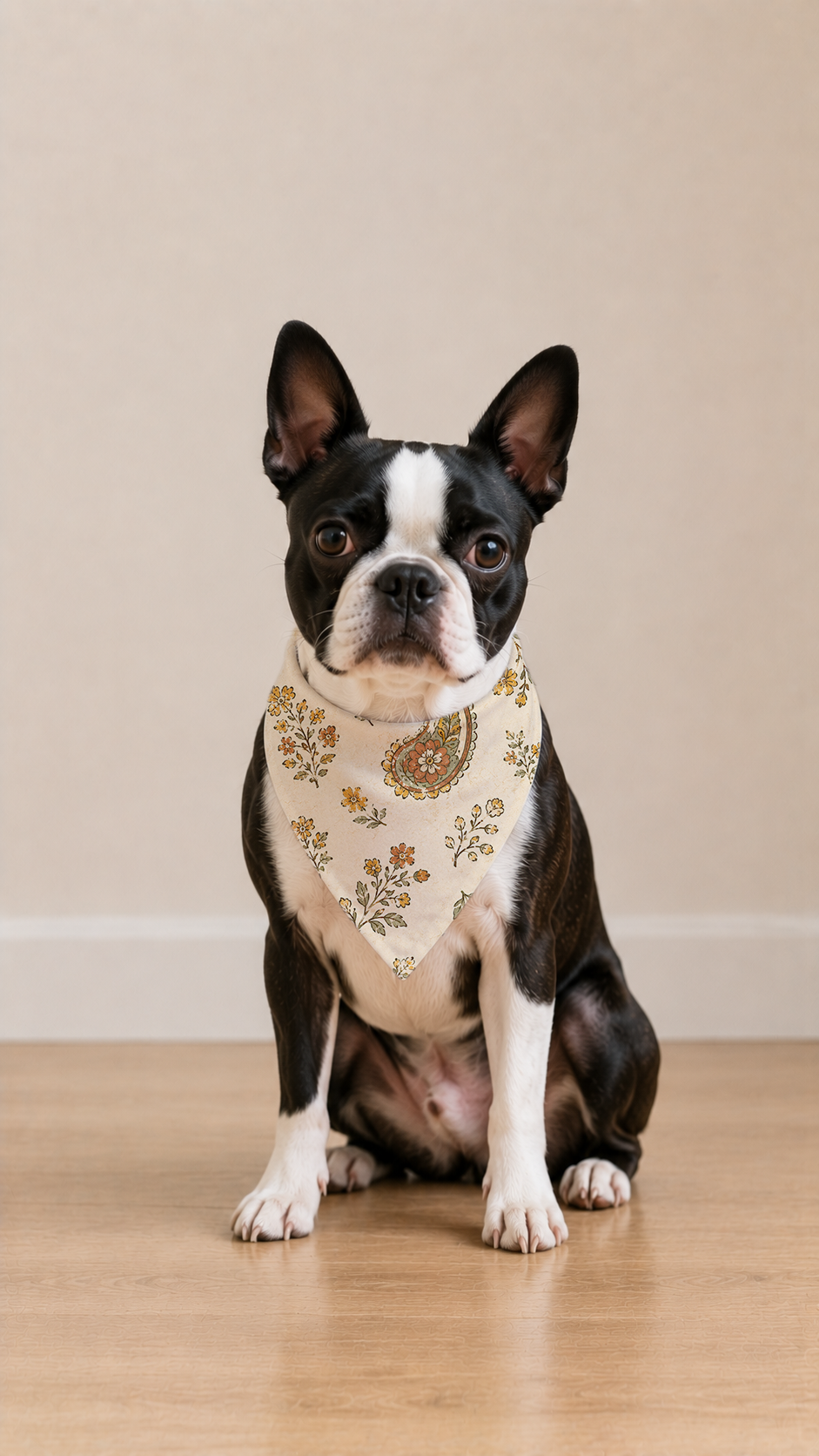 A Boston Terrier dog wearing a cream-colored paisley bandana with gold and green floral details, sitting on a light wooden floor against a beige wall.