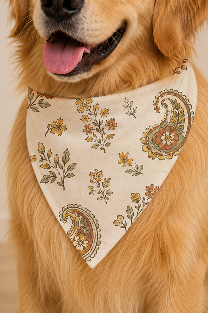 A golden retriever dog wearing a cream-colored bandana with a yellow floral and brown paisley pattern.
